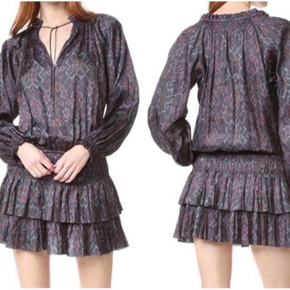 Ulla Johnson Piera Dress in Batik Geometric Printed Long Sleeve Peasant Dress